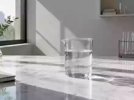 Ein Glas mit Wasser auf einer hellen Marmoroberfläche in einer minimalistischen Laborumgebung. - Foto: über boerse-global.de