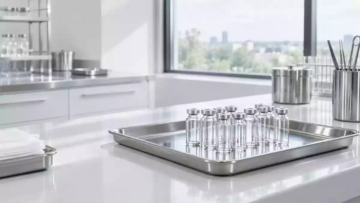 Ein steriler, heller Laborraum mit medizinischen Instrumenten und leeren Glasfläschchen auf einer Metalloberfläche. Illustration mit AI erstellt.