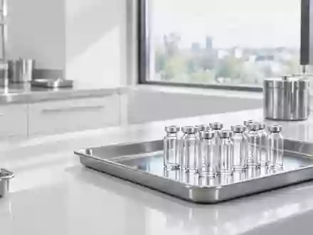 Ein steriler, heller Laborraum mit medizinischen Instrumenten und leeren Glasfläschchen auf einer Metalloberfläche. - Foto: über boerse-global.de