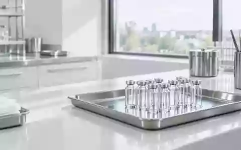 Ein steriler, heller Laborraum mit medizinischen Instrumenten und leeren Glasfläschchen auf einer Metalloberfläche. - Foto: über boerse-global.de