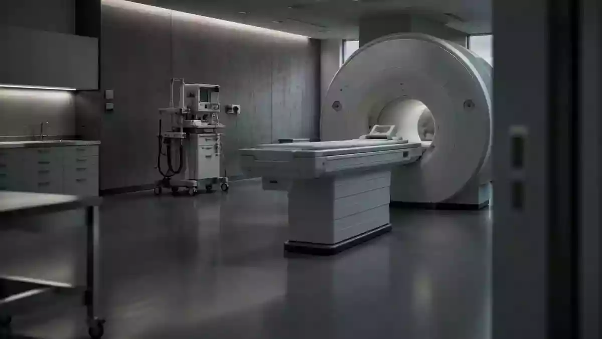 Ein steriler, unbesetzter medizinischer Untersuchungsraum mit hochwertiger Diagnoseausrüstung in natürlichem Licht. Illustration mit AI erstellt.