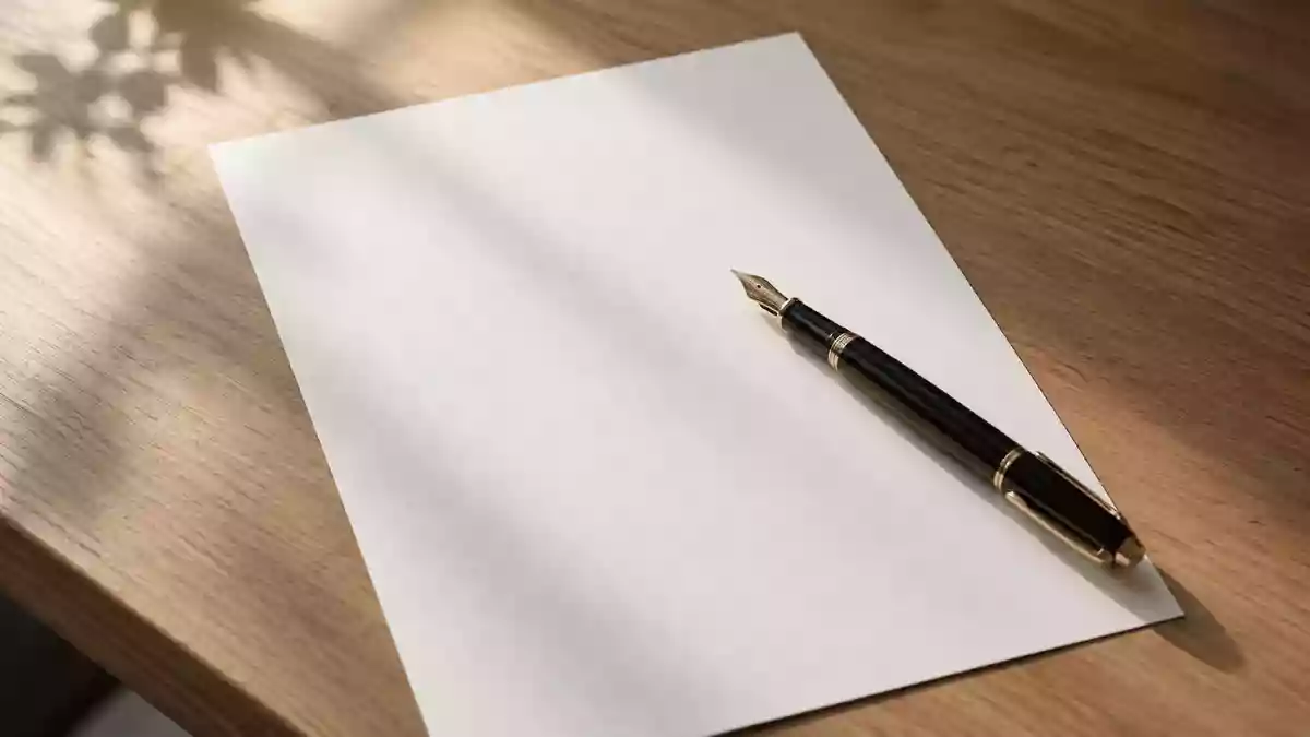 Ein leerer, aufgeräumter Schreibtisch mit einem Füllfederhalter auf einem leeren Blatt Papier, der Konzentration und Vorbereitung symbolisiert. Illustration mit AI erstellt.