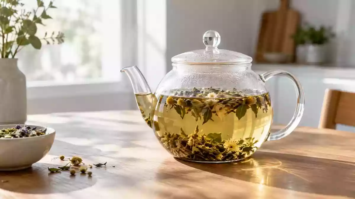 Eine Glasteekanne mit ziehendem Kräutertee auf einem Holztisch bei natürlichem Morgenlicht. Illustration mit AI erstellt.