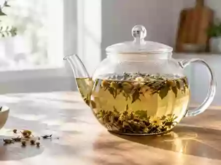 Eine Glasteekanne mit ziehendem Kräutertee auf einem Holztisch bei natürlichem Morgenlicht. - Foto: über boerse-global.de