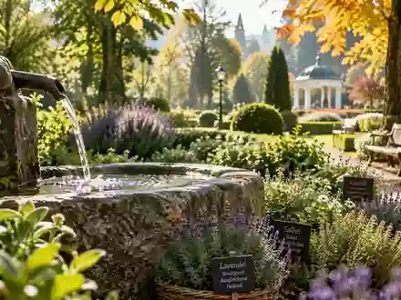 Ein sonnendurchfluteter Kurpark mit einem steinernen Wasserbecken und Heilkräutern in Bad Wörishofen. - Foto: über boerse-global.de