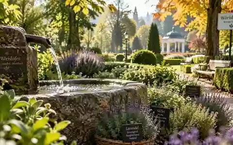 Ein sonnendurchfluteter Kurpark mit einem steinernen Wasserbecken und Heilkräutern in Bad Wörishofen. - Foto: über boerse-global.de