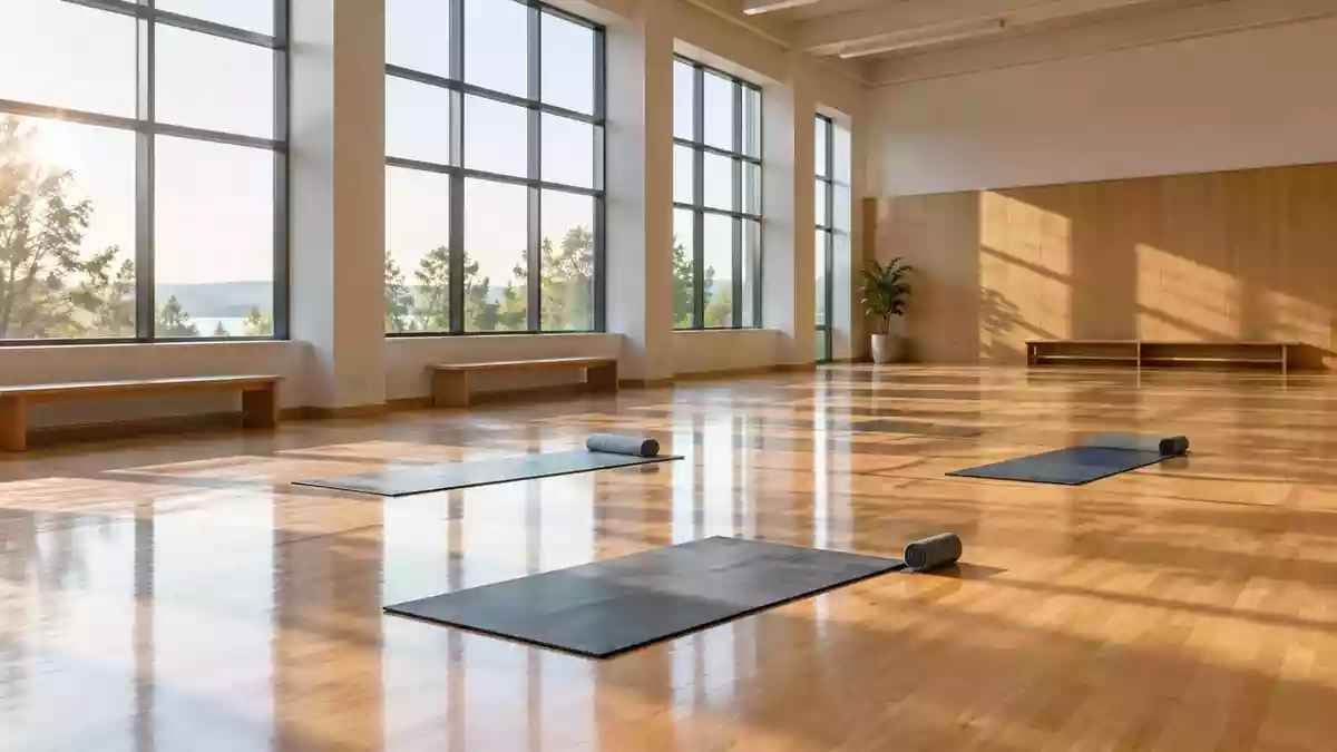 Ein heller, leerer Gymnastikraum mit Holzboden und Yoga-Matten in einer ruhigen, lichtdurchfluteten Umgebung. Illustration mit AI erstellt.
