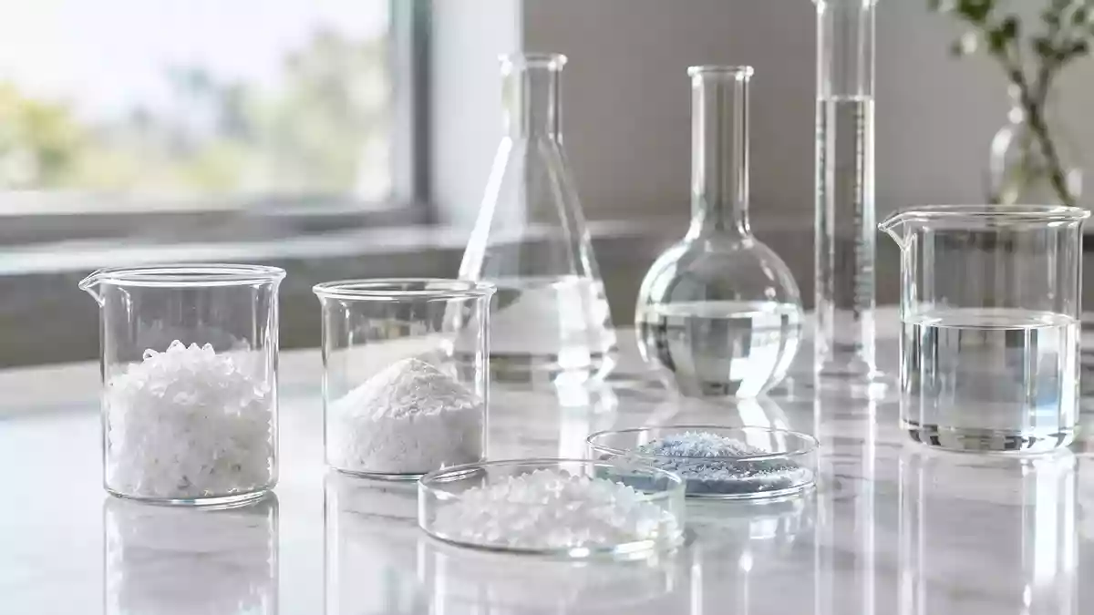 Laborausrüstung mit Glasbechern und wissenschaftlichen Utensilien in einer hellen, minimalistischen Umgebung. Illustration mit AI erstellt.