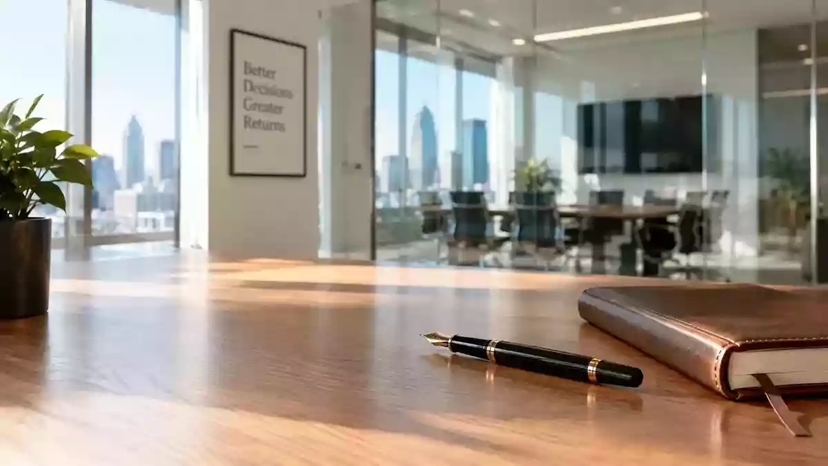 Ein moderner, heller Büroarbeitsplatz mit einem Schreibtisch, Füllfederhalter und Notizbuch in einer professionellen Umgebung. Illustration mit AI erstellt.