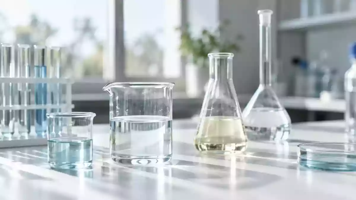 Laborausstattung mit Glasbehältern und Flüssigkeiten in einer sterilen, hellen Umgebung zur wissenschaftlichen Forschung. Illustration mit AI erstellt.