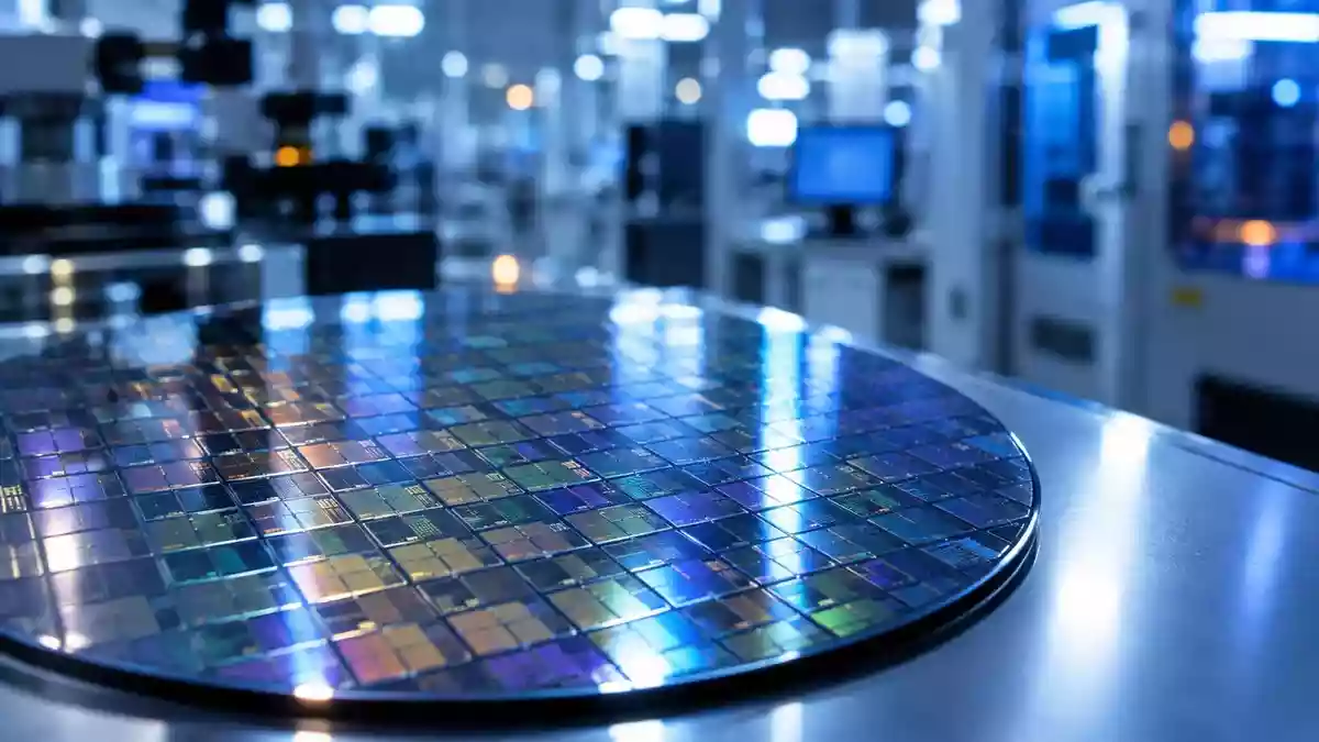 Ein detaillierter Silizium-Halbleiter-Wafer auf einem Labortisch in einer hochmodernen Chip-Fertigungsanlage. Illustration mit AI erstellt.