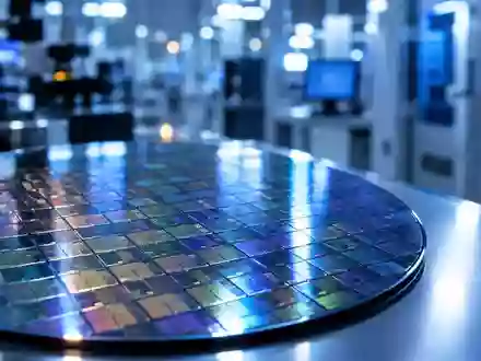 Ein detaillierter Silizium-Halbleiter-Wafer auf einem Labortisch in einer hochmodernen Chip-Fertigungsanlage. - Foto: über boerse-global.de