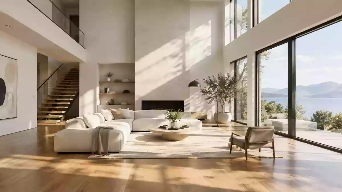 Ein minimalistisch gestalteter, lichtdurchfluteter Raum mit hohen Decken und klaren architektonischen Linien. Illustration mit AI erstellt.