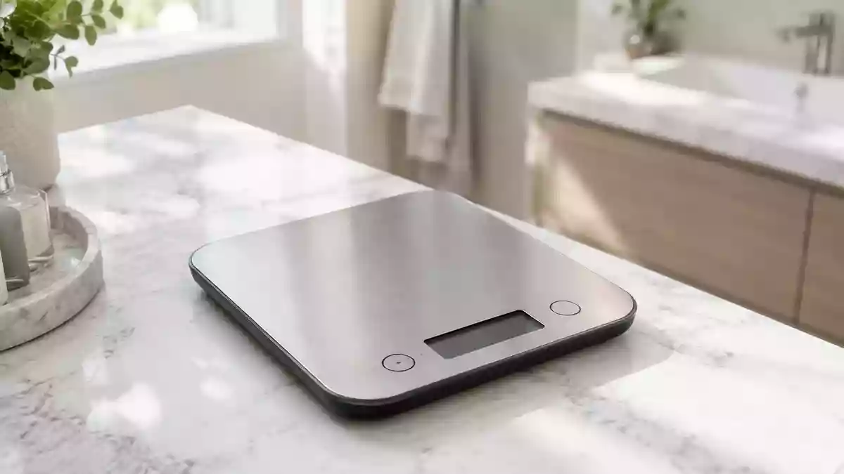 Eine digitale Küchenwaage auf einem weißen Marmor-Waschtisch in einem hellen, modernen Badezimmer. Illustration mit AI erstellt.