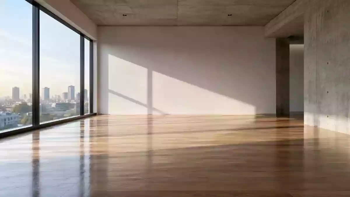 Ein minimalistischer, leerer Büroraum mit hellem Holzboden und natürlichem Lichteinfall durch ein großes Fenster. Illustration mit AI erstellt.