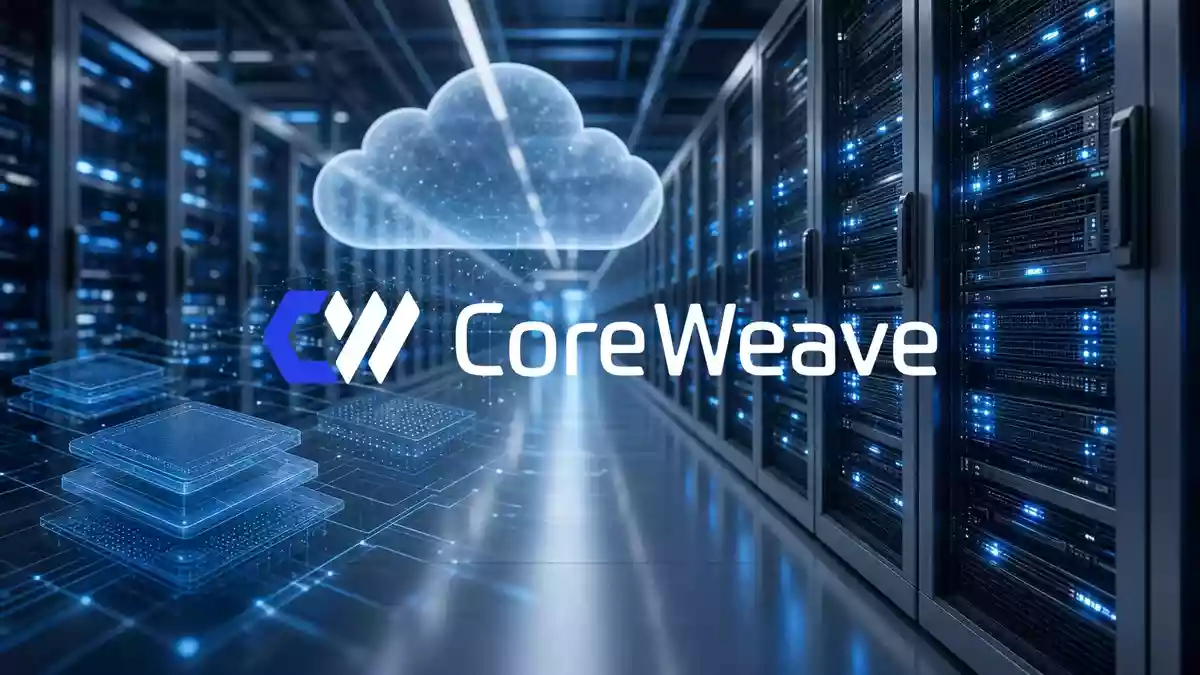 Abstraktes Rechenzentrum mit beleuchteten Serverracks, das die digitale Infrastruktur und Cloud-Technologie symbolisiert. Illustration mit AI erstellt.