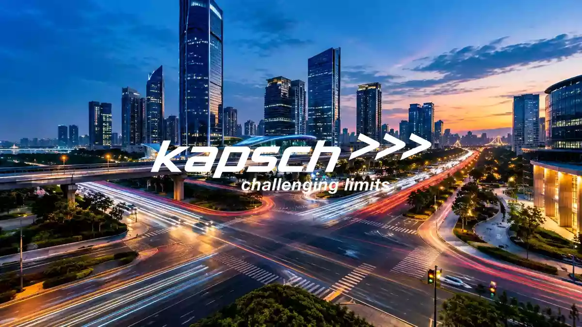 Moderne, technologisch fortschrittliche Verkehrsinfrastruktur in einer Smart City bei Dämmerung. Illustration mit AI erstellt.