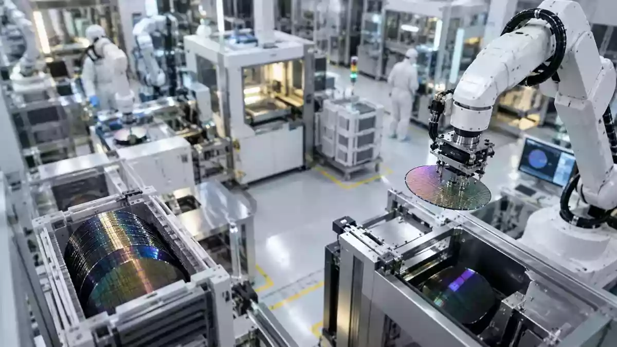 Moderne Fertigungsanlage für Halbleiter mit Roboterarmen und Silizium-Wafern in einer Industrieumgebung. Illustration mit AI erstellt.