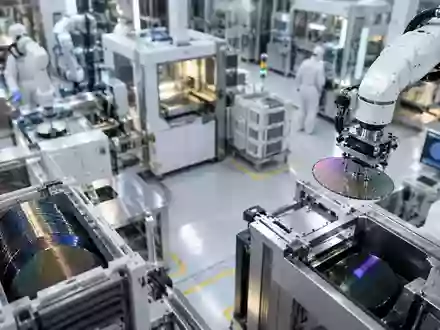 Moderne Fertigungsanlage für Halbleiter mit Roboterarmen und Silizium-Wafern in einer Industrieumgebung. - Foto: über boerse-global.de