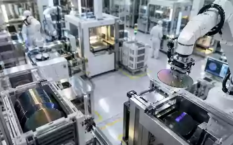 Moderne Fertigungsanlage für Halbleiter mit Roboterarmen und Silizium-Wafern in einer Industrieumgebung. - Foto: über boerse-global.de