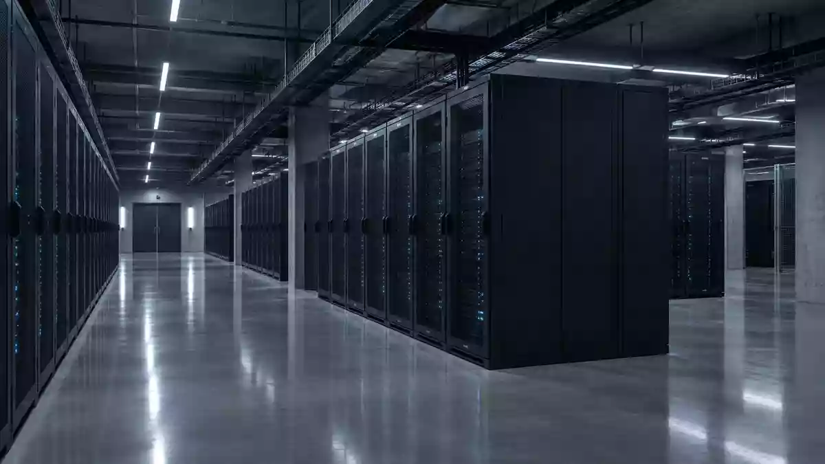 Ein minimalistischer, moderner Serverraum mit symmetrischen Technik-Racks in einer sterilen Industrieumgebung. Illustration mit AI erstellt.