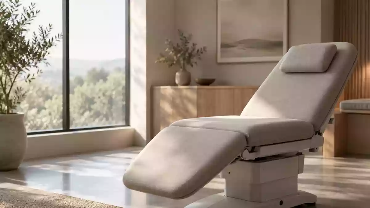 Ein minimalistischer, leerer Behandlungsraum in einer modernen Klinik mit natürlichem Lichteinfall. Illustration mit AI erstellt.