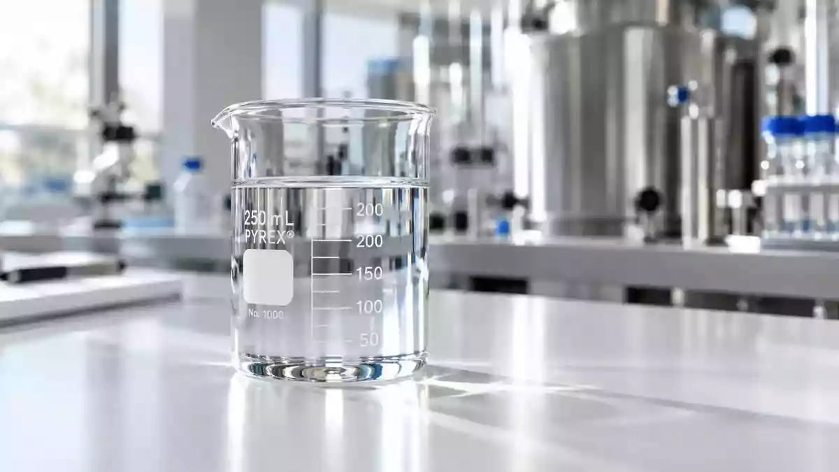 Ein gläsernes Laborbecherglas mit einer klaren Flüssigkeit auf einem weißen Labortisch in einer sterilen Forschungsumgebung. Illustration mit AI erstellt.