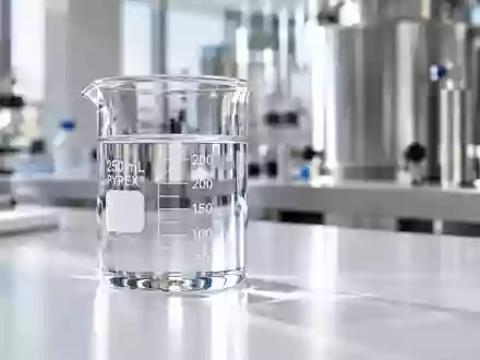 Ein gläsernes Laborbecherglas mit einer klaren Flüssigkeit auf einem weißen Labortisch in einer sterilen Forschungsumgebung. - Foto: über boerse-global.de