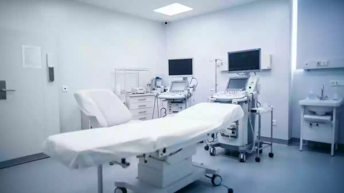 Ein klinisch eingerichteter Behandlungsraum in einer rheumatologischen Praxis mit neutralen Farben und moderner Ausstattung. Illustration mit AI erstellt.