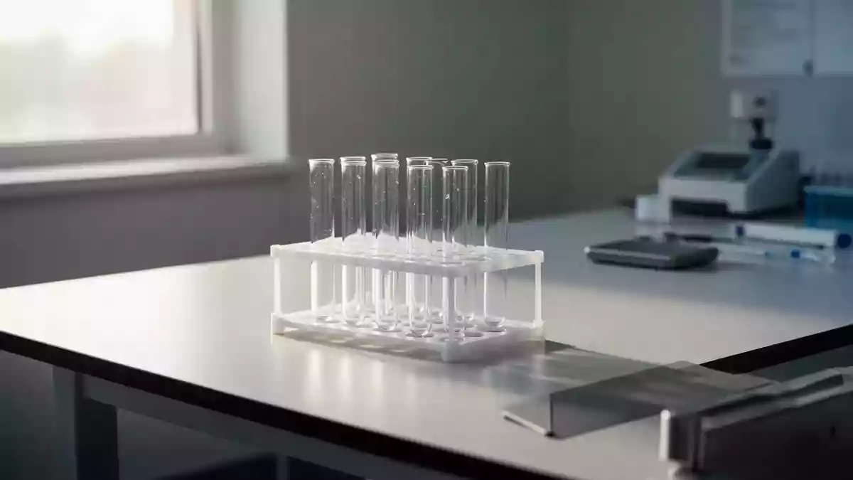 Leere Reagenzgläser in einem Laborständer vor einem neutralen, medizinischen Hintergrund bei natürlichem Licht. Illustration mit AI erstellt.