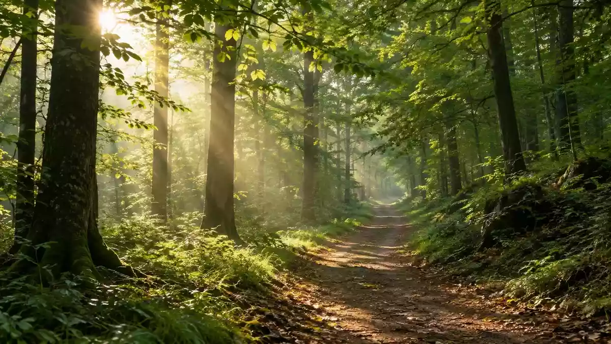 Ein leerer Waldweg im morgendlichen Sonnenlicht, der Ruhe und Bewegung in der Natur symbolisiert. Illustration mit AI erstellt.
