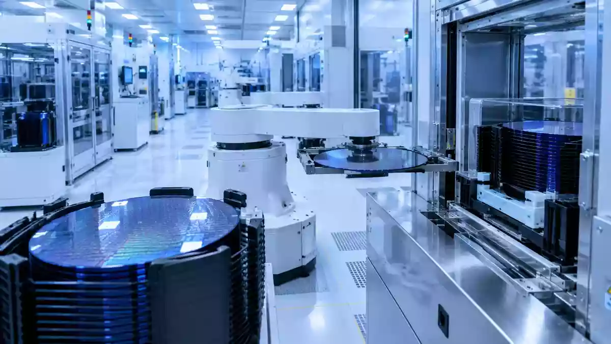 Industrielle Fertigungsanlage für Halbleiter in einem Reinraum mit automatisierter Silizium-Wafer-Produktion. Illustration mit AI erstellt.