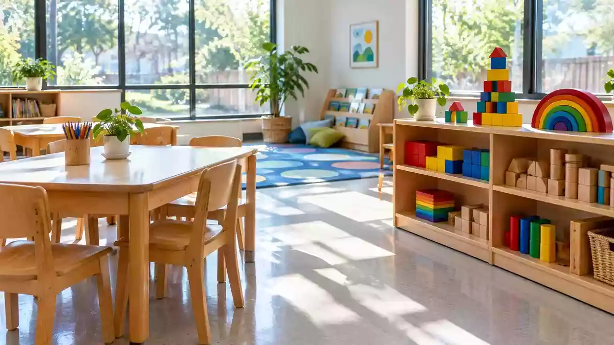 Ein heller, moderner Gruppenraum in einer Kindertagesstätte mit Holzmöbeln und Spielzeug in einer ruhigen, ordentlichen Umgebung. Illustration mit AI erstellt.