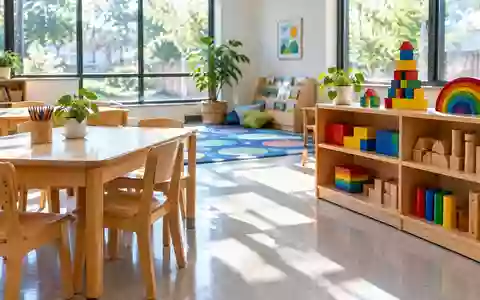 Ein heller, moderner Gruppenraum in einer Kindertagesstätte mit Holzmöbeln und Spielzeug in einer ruhigen, ordentlichen Umgebung. - Foto: über boerse-global.de