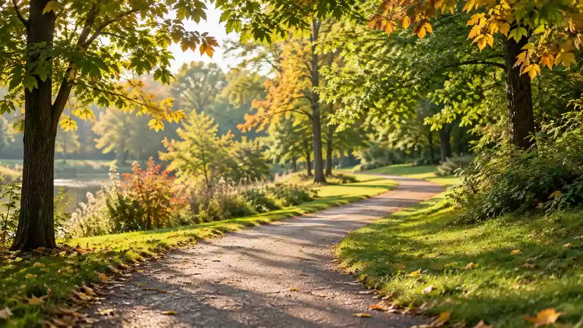 Ein sonniger Spazierweg in einem grünen Park im Frühherbst, der zu körperlicher Aktivität einlädt. Illustration mit AI erstellt.