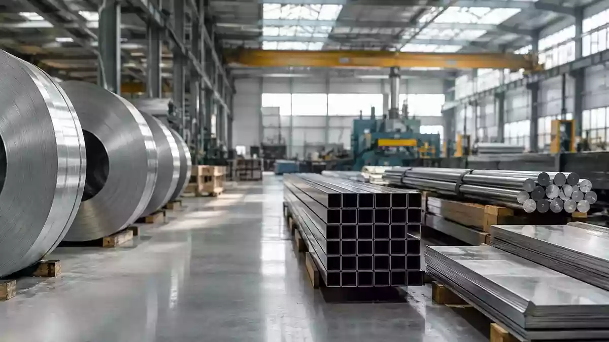 Ein modernes Industriegelände mit Metallverarbeitung, Fokus auf industrielle Rohstoffe und Fertigungsprozesse. Illustration mit AI erstellt.