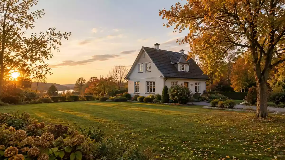 Ein einzelnes Wohnhaus in einem gepflegten Garten während der goldenen Stunde als Symbol für Immobilienvermögen. Illustration mit AI erstellt.