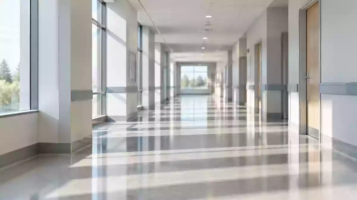 Ein leerer, ruhig beleuchteter Krankenhausflur mit klaren Linien und minimalistischer Architektur. Illustration mit AI erstellt.