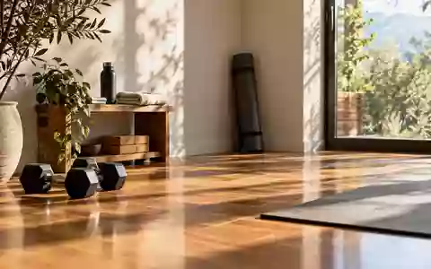 Ein minimalistisch eingerichteter Sportbereich in einem hellen Raum mit Holzboden und einer zusammengerollten Yogamatte. - Foto: über boerse-global.de