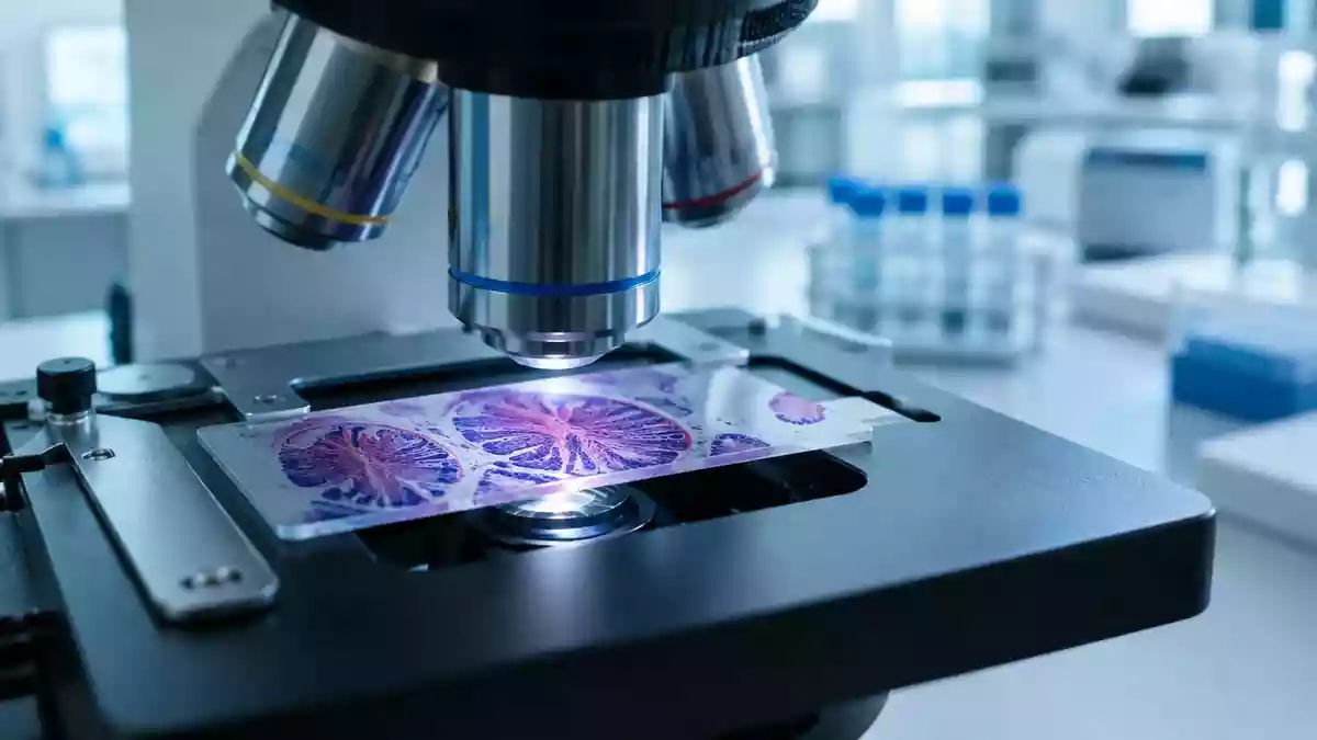 Nahaufnahme eines Labormikroskops, das eine biologische Gewebeprobe fokussiert, in einer sterilen Forschungsumgebung. Illustration mit AI erstellt.