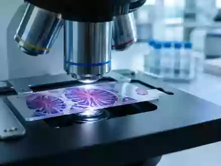 Nahaufnahme eines Labormikroskops, das eine biologische Gewebeprobe fokussiert, in einer sterilen Forschungsumgebung. - Foto: über boerse-global.de