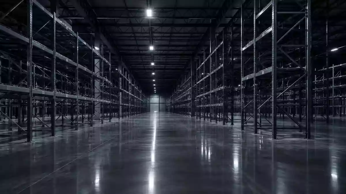 Weitläufiges, leeres Logistiklager mit hohen Metallregalen und reflektierendem Betonboden in einer kühlen, sterilen Atmosphäre. Illustration mit AI erstellt.