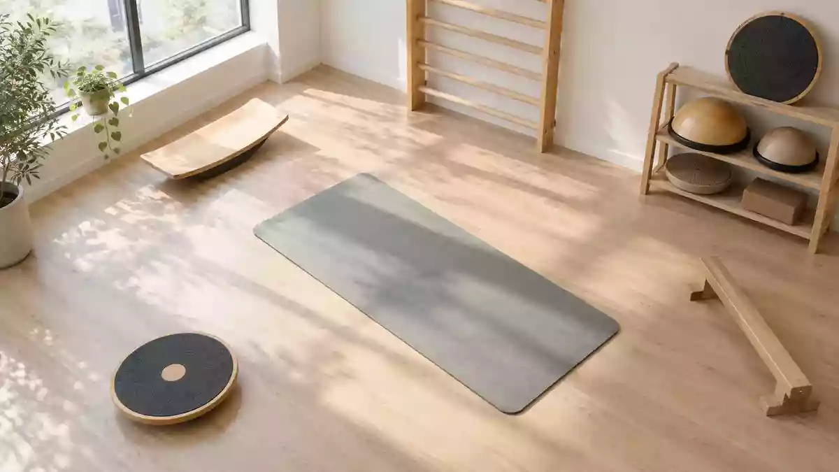 Ein heller, minimalistischer Übungsraum für Physiotherapie mit einer leeren Gymnastikmatte und hölzernen Trainingsgeräten. Illustration mit AI erstellt.