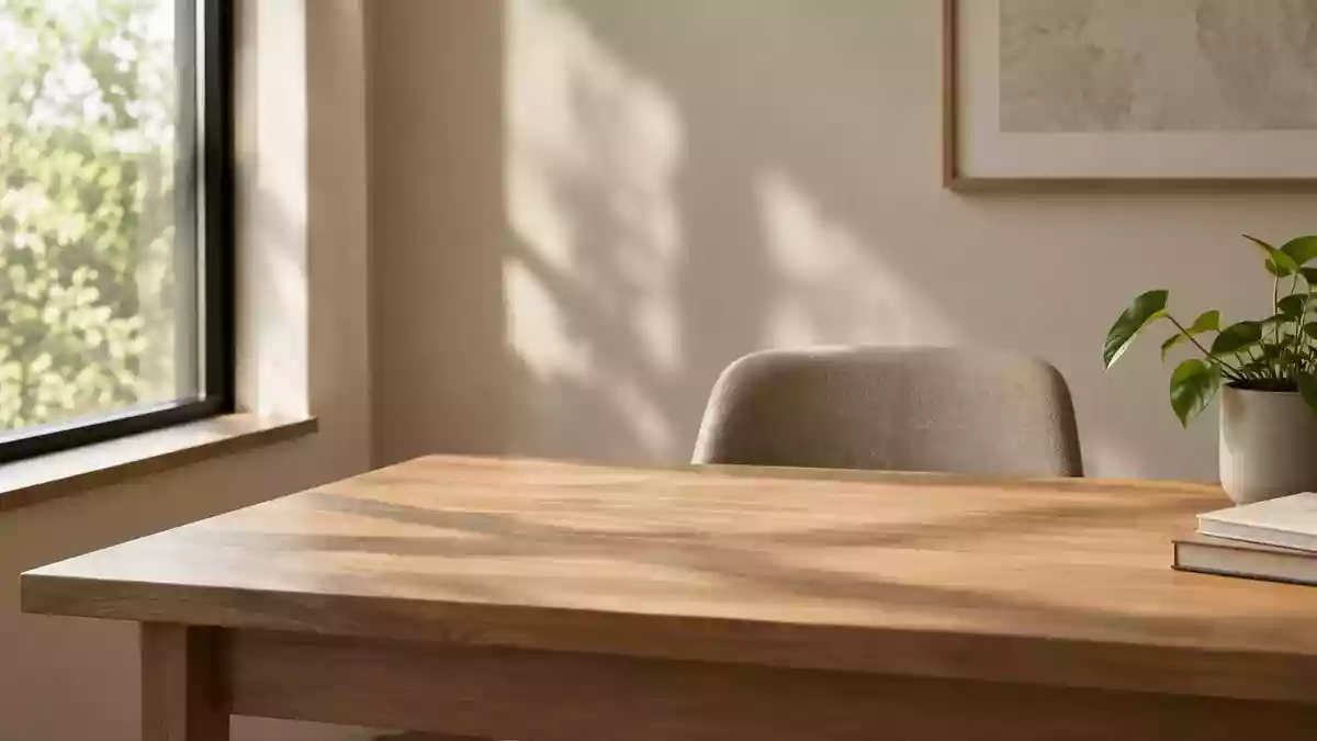 Ein minimalistischer Arbeitsbereich mit einem Holztisch und natürlichem Licht, frei von technischen Geräten. Illustration mit AI erstellt.