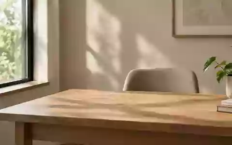 Ein minimalistischer Arbeitsbereich mit einem Holztisch und natürlichem Licht, frei von technischen Geräten. - Foto: über boerse-global.de