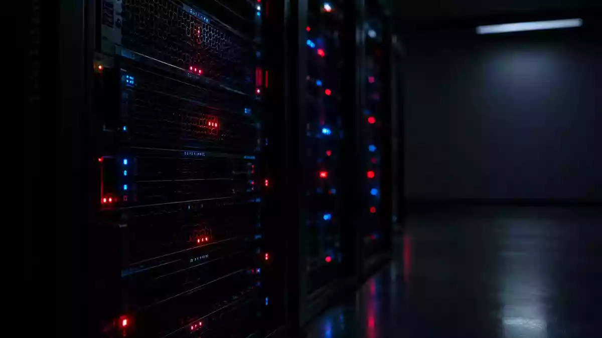 Dunkle Server-Infrastruktur mit dezenten Lichtsignalen als Symbol für versteckte digitale Sicherheitsrisiken. Illustration mit AI erstellt.