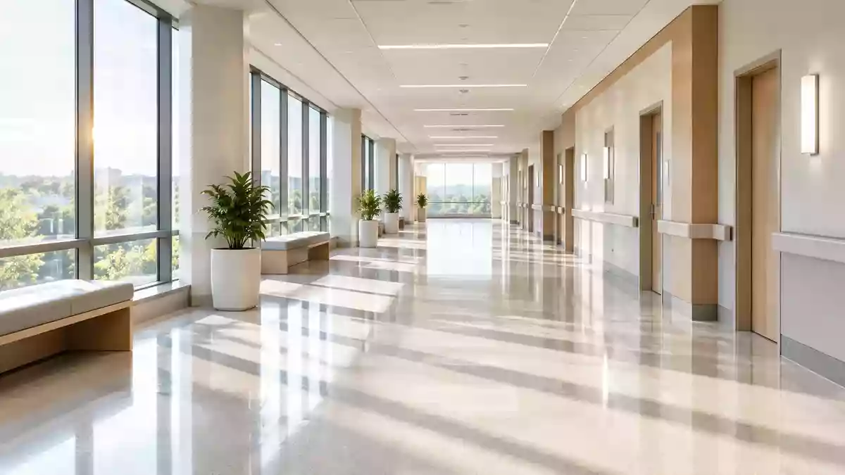 Ein heller, moderner Klinikflur mit neutraler Gestaltung und einfallendem Tageslicht. Illustration mit AI erstellt.