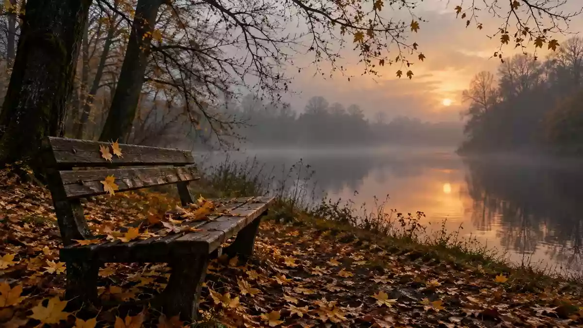 Ein nebliger Herbstpark mit gefallenen Blättern auf einer hölzernen Parkbank bei gedimmtem Tageslicht. Illustration mit AI erstellt.