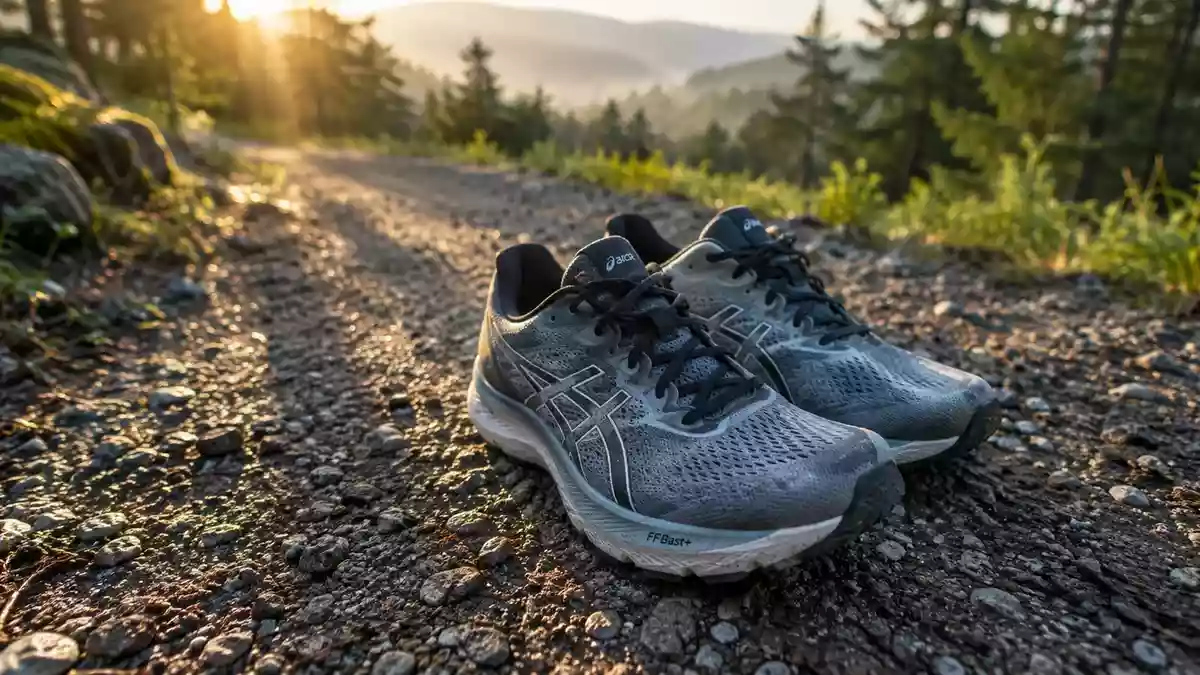 Laufschuhe auf einem Kiesweg in einer bewaldeten Umgebung bei Sonnenaufgang. Illustration mit AI erstellt.