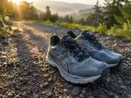 Laufschuhe auf einem Kiesweg in einer bewaldeten Umgebung bei Sonnenaufgang. - Foto: über boerse-global.de